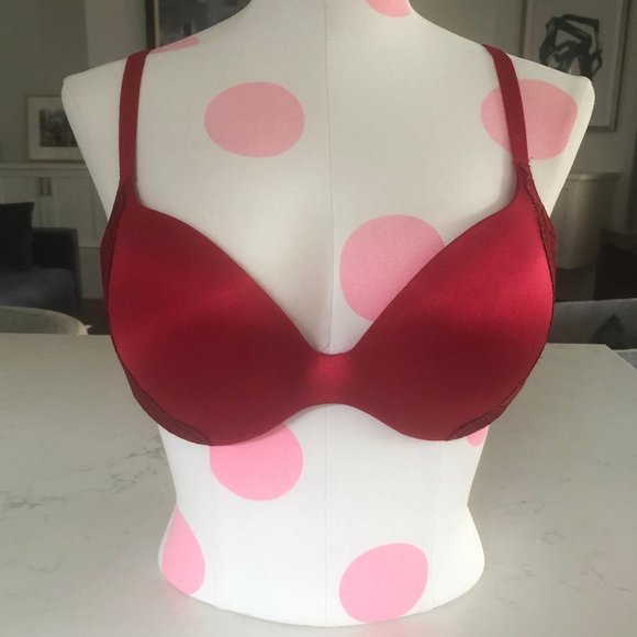 La Senza Body Kiss Plunge Push-Up Bra w Lace Accents + Foam Cups Red Sz 36C NWOT - Picture 1 of 13